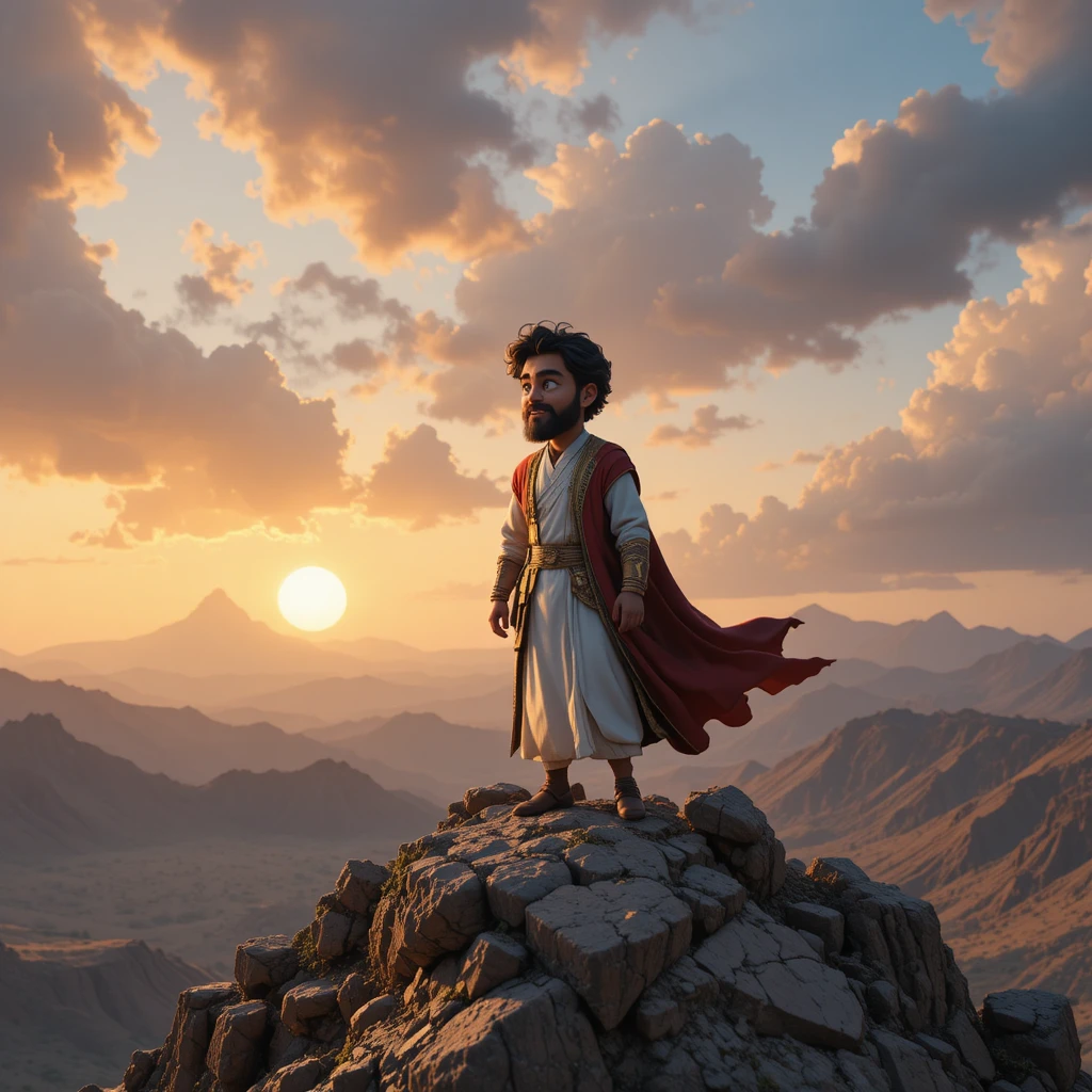 Hombre heroico en la cima de una montaña al amanecer en Yemen