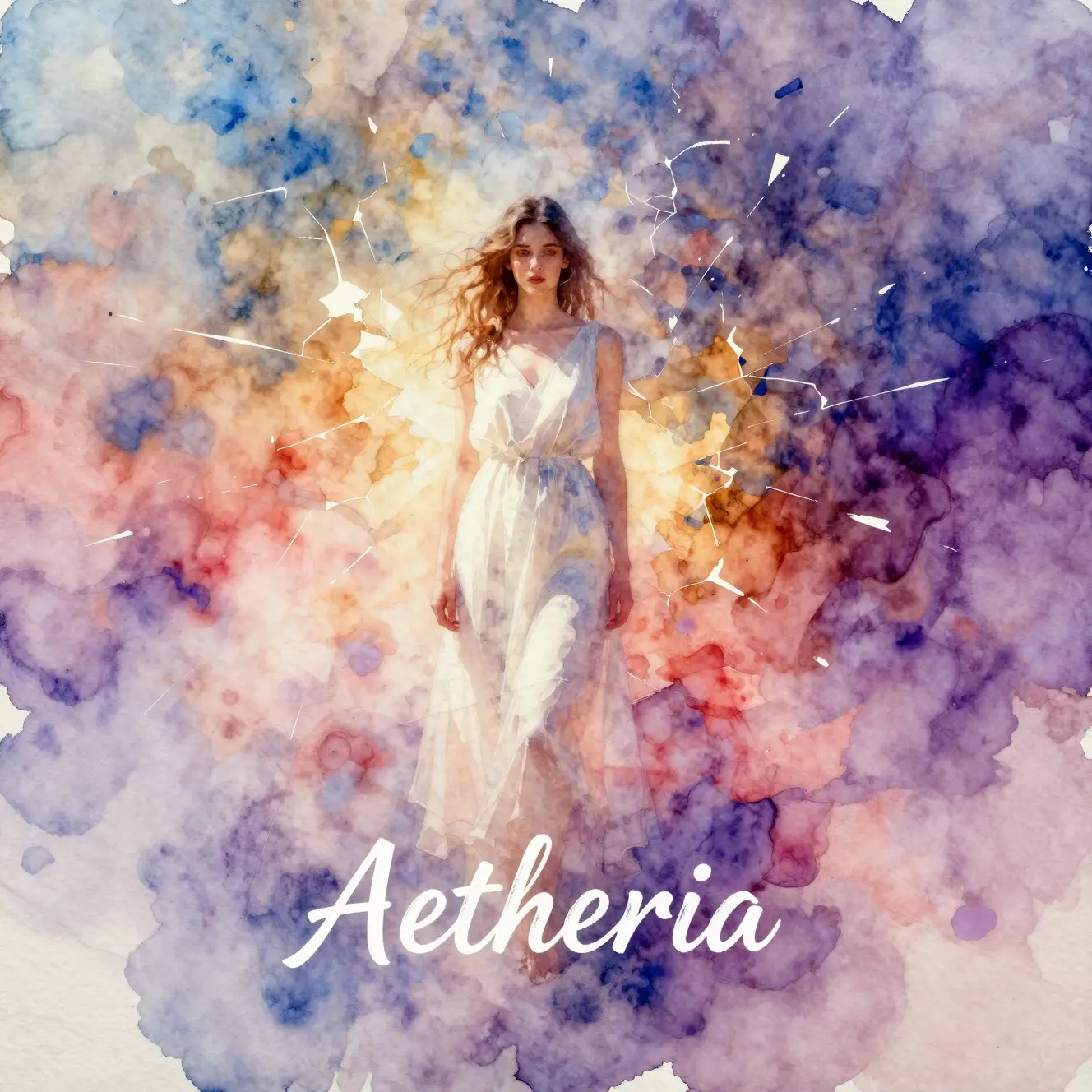 Jeune femme dans une lumière aquarelle prismatique et une douce robe blanche