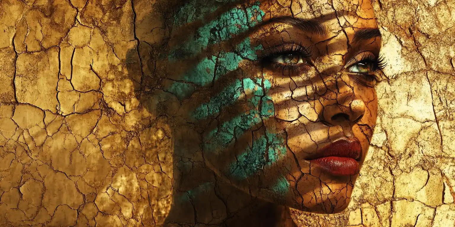Woman portrait with tiger stripe shadows and mosaic textures