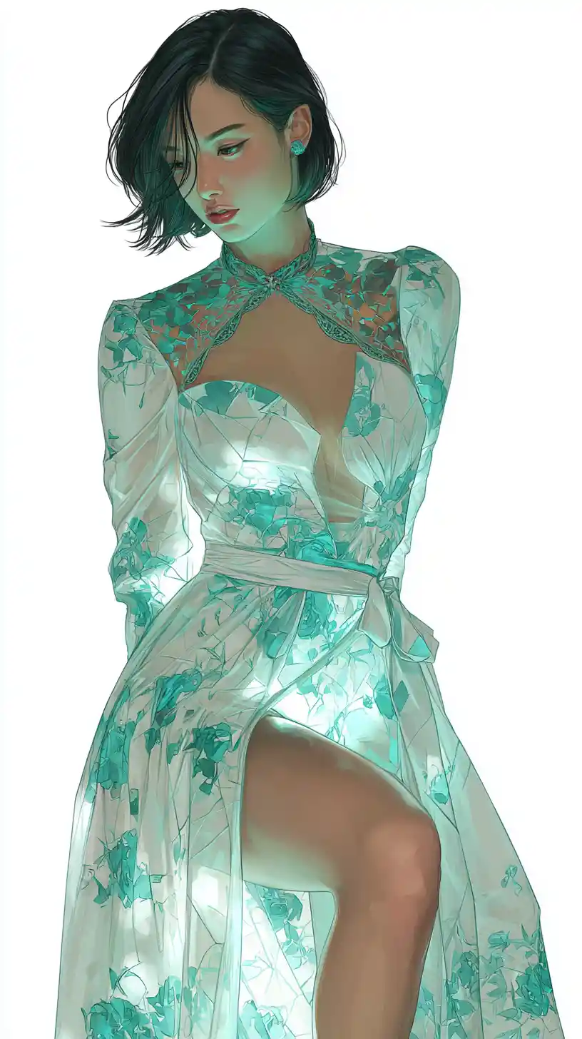 Elegante donna anime con falce luminosa in un giardino oscuro