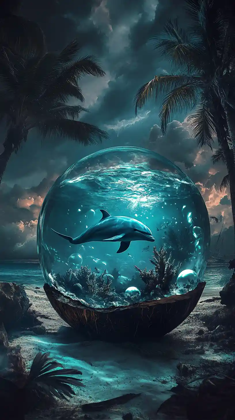 Ghostly dolphin inside a glass coconut aquarium