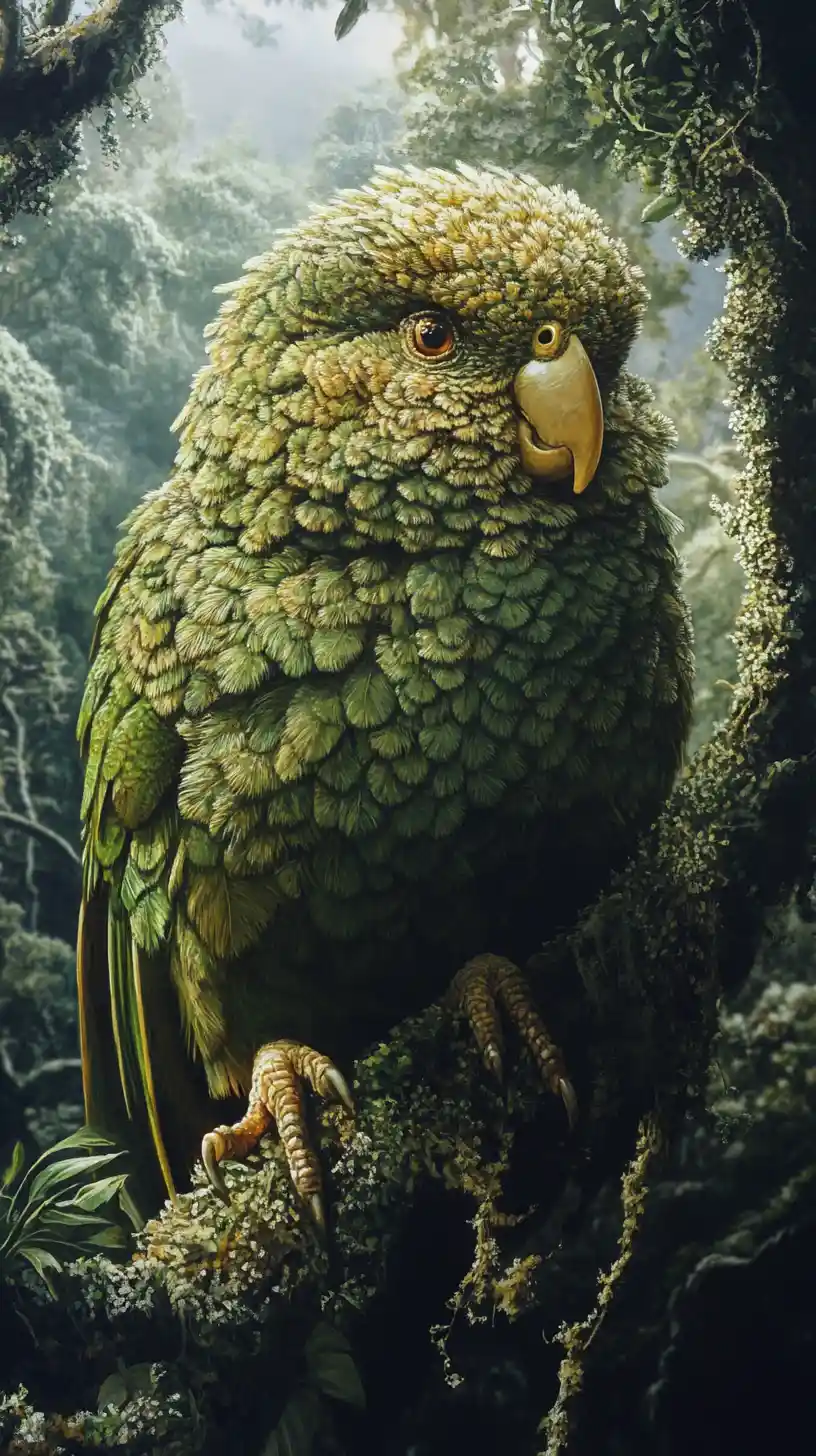 Surreal illusion of a strange kakapo inspired parrot scene