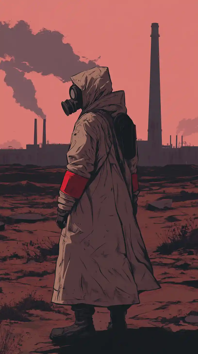 Lonely Figure In Gas Mask Under A Purple Industrial Sky