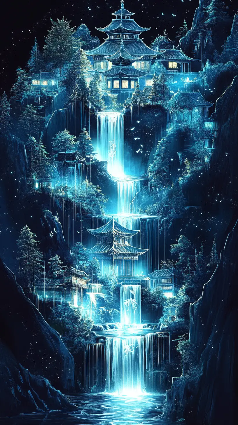 Montañas azules luminosas que se despliegan desde un pergamino de cristal resplandeciente