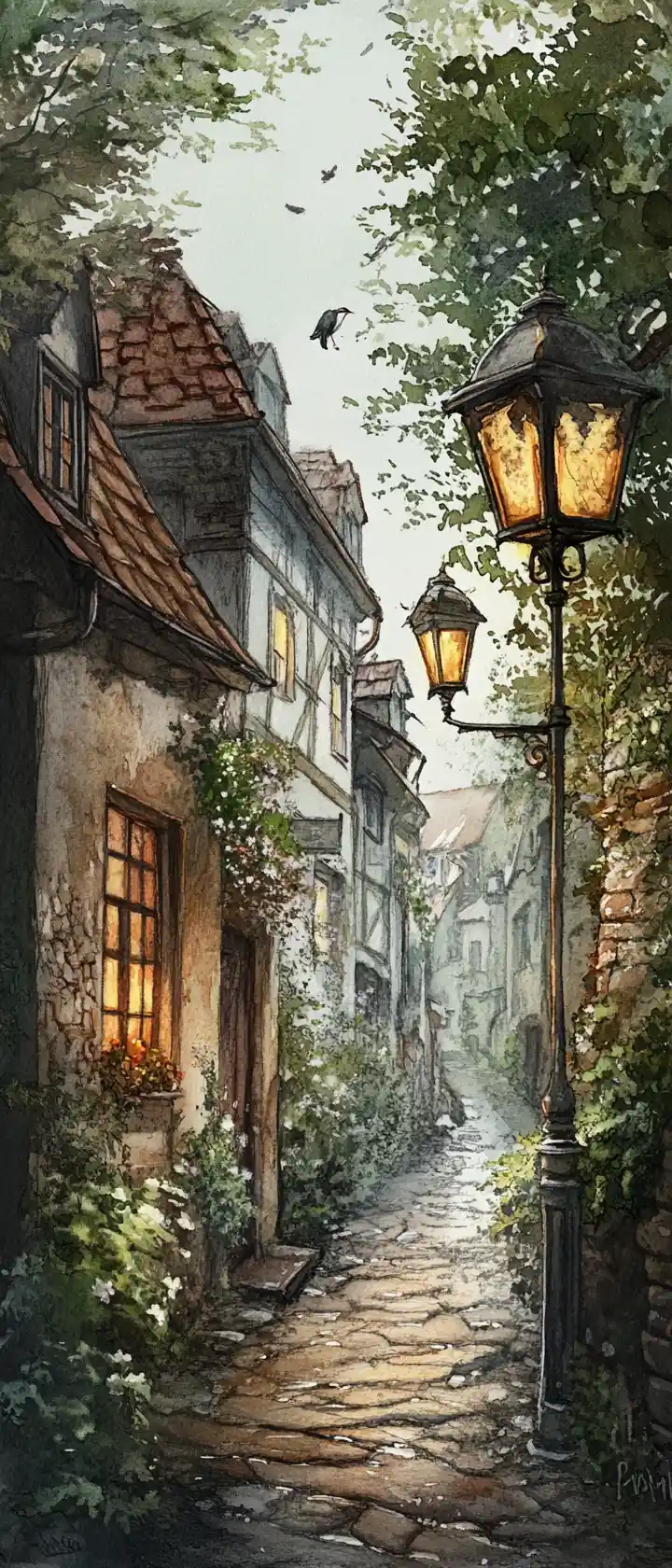 Jeune femme blonde dans une ruelle paisible en aquarelle
