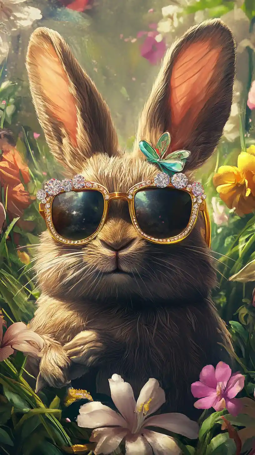 Golden glasses easter rabbit in lush garden scene