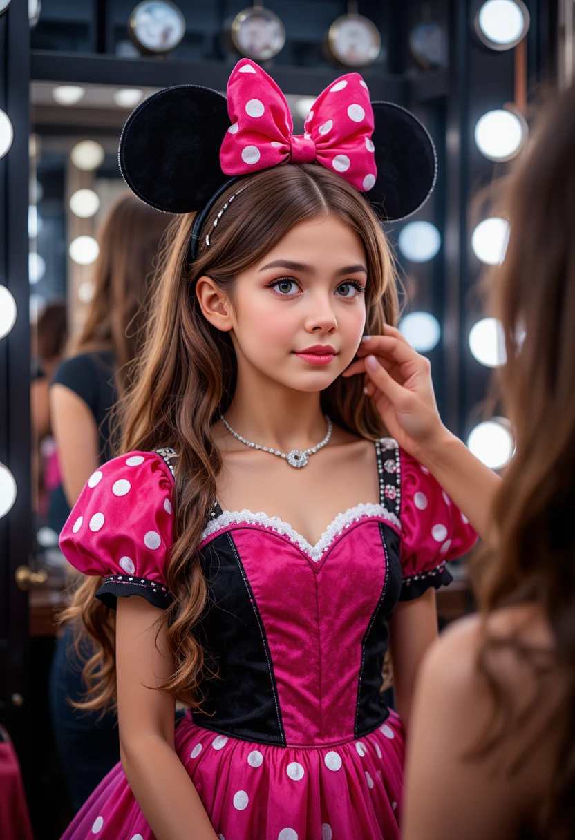 Menino de vestido da Minnie Mouse fazendo maquiagem em boutique