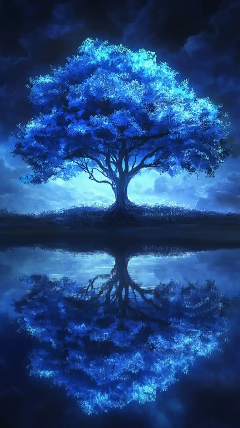 Glowing Blue Tree Reflected In Still Night Water