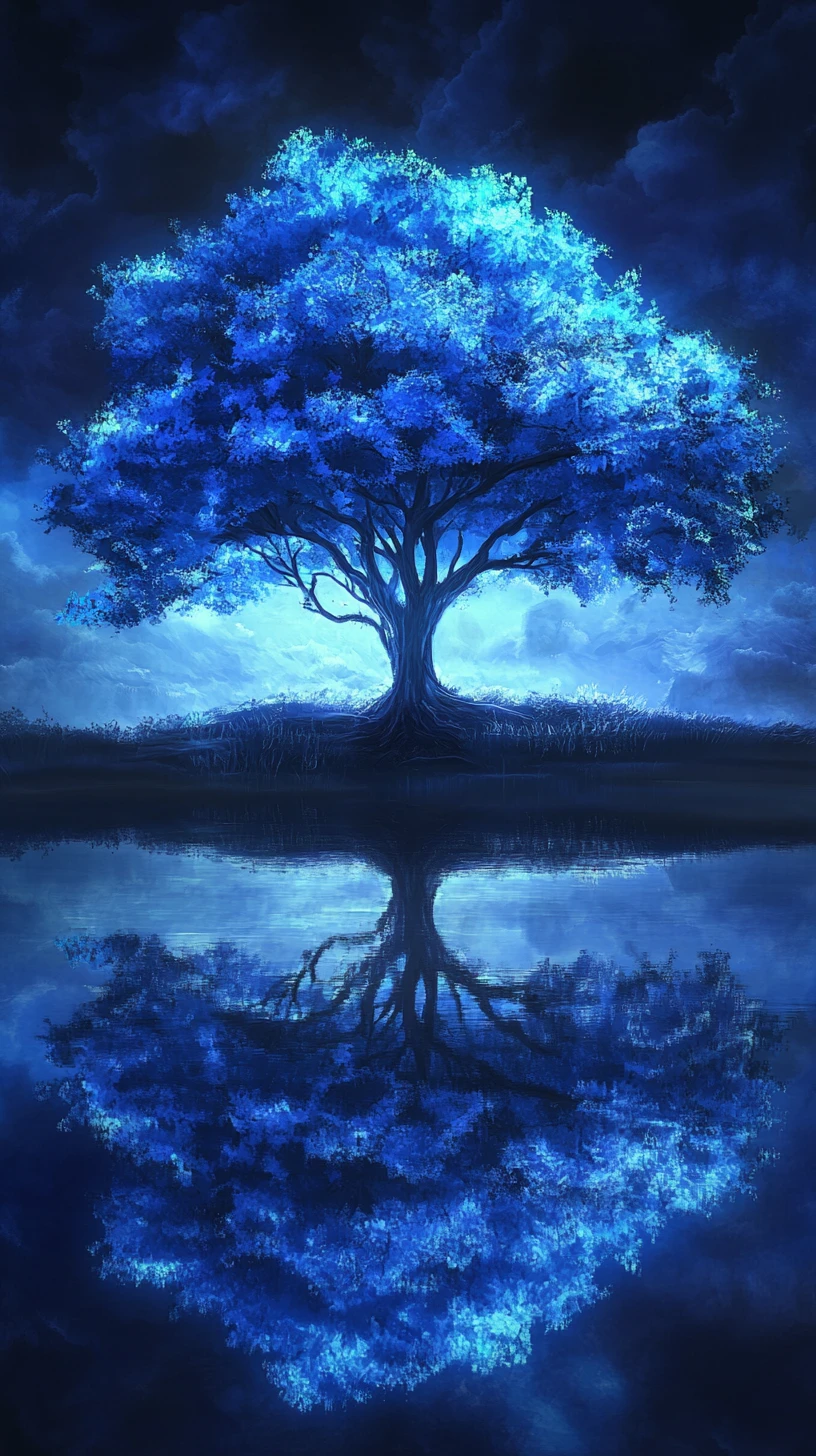 Albero blu luminoso riflesso nell’acqua ferma della notte