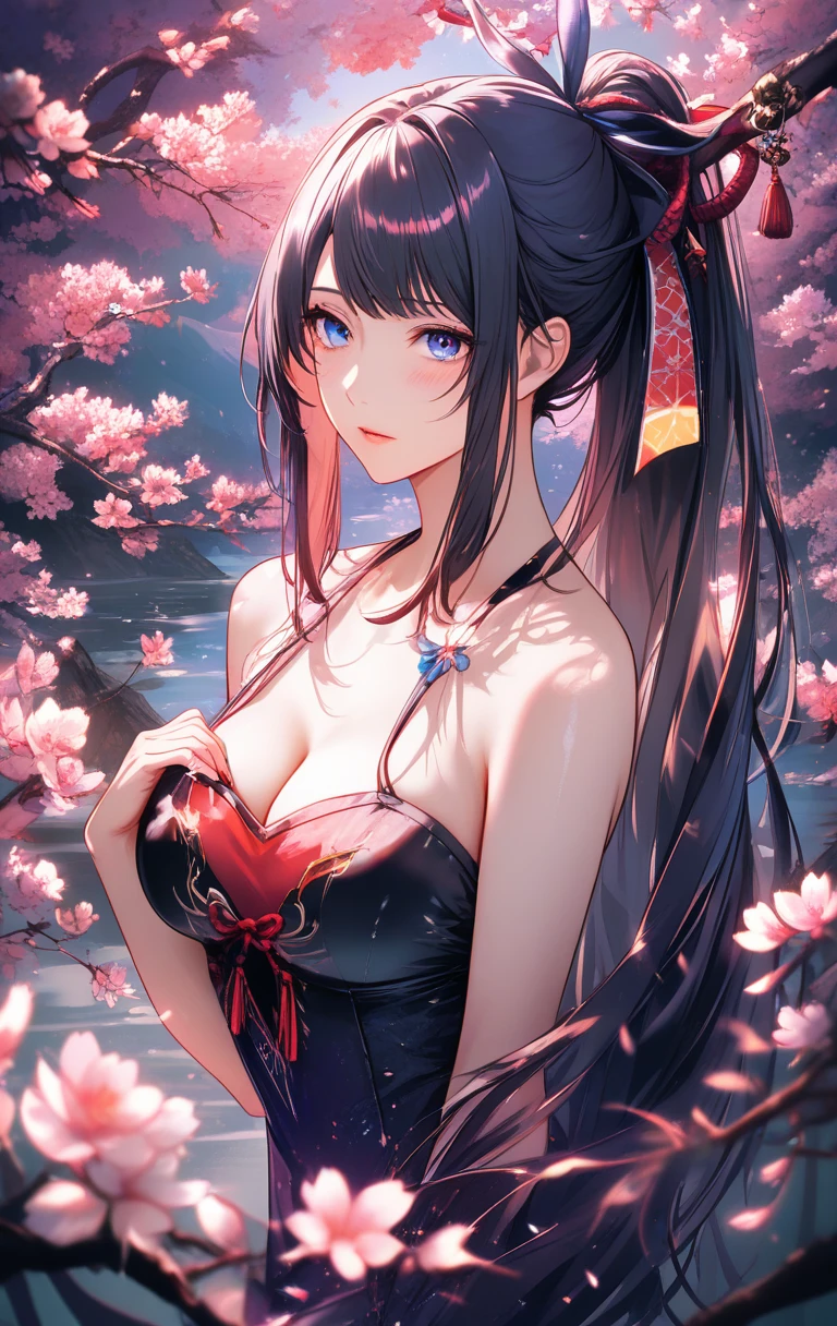 Femme d’anime dégainant une épée parmi des branches de cerisiers en fleurs