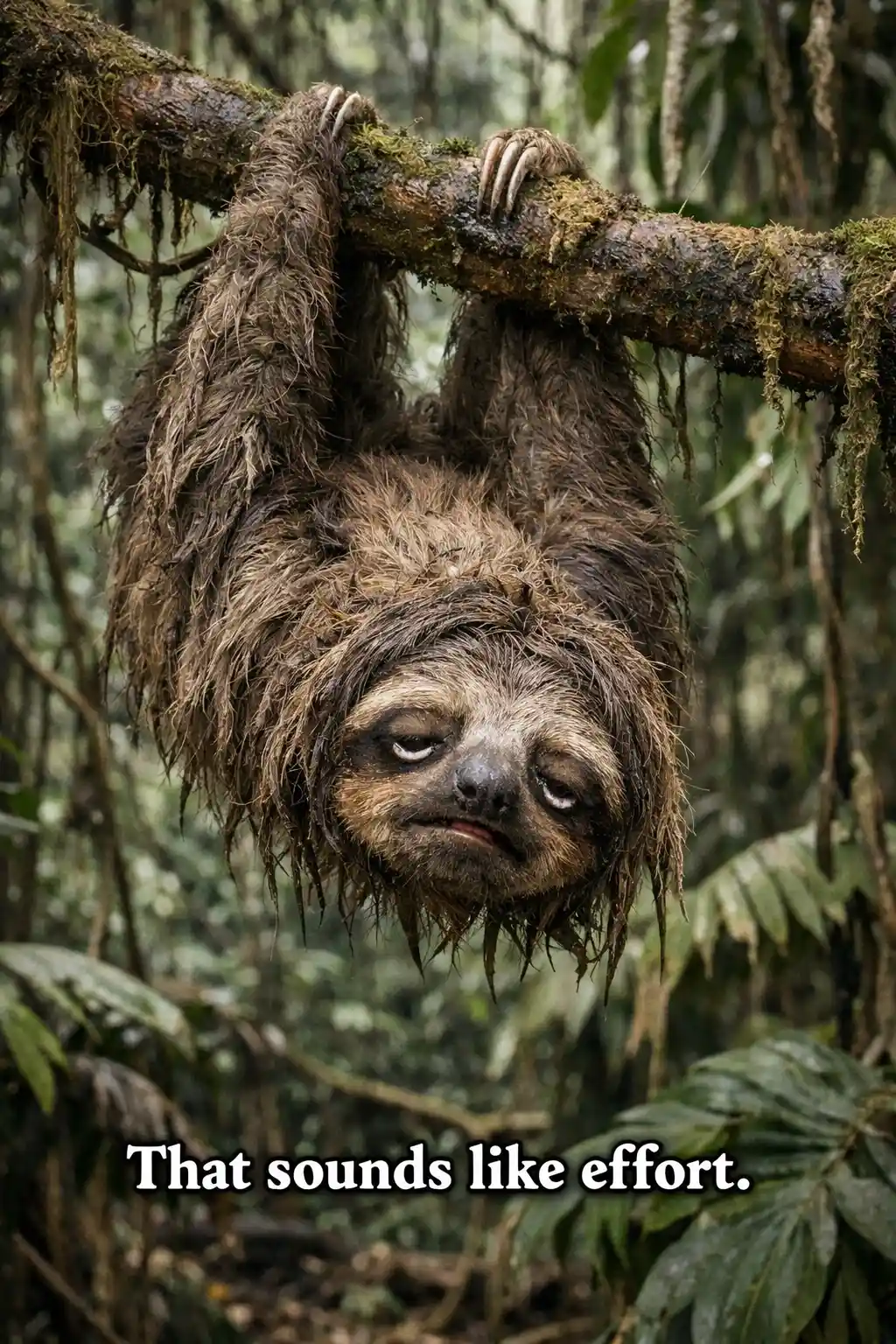 Exhausted sloth hanging upside down in a wild jungle