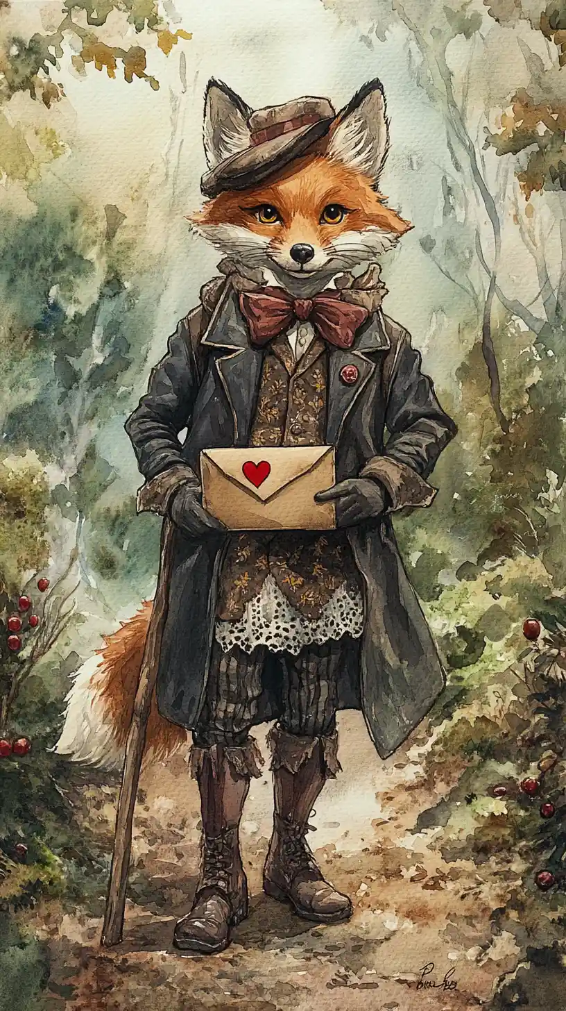 Anthropomorpher Fuchs auf Waldweg in Vintage-Kleidung