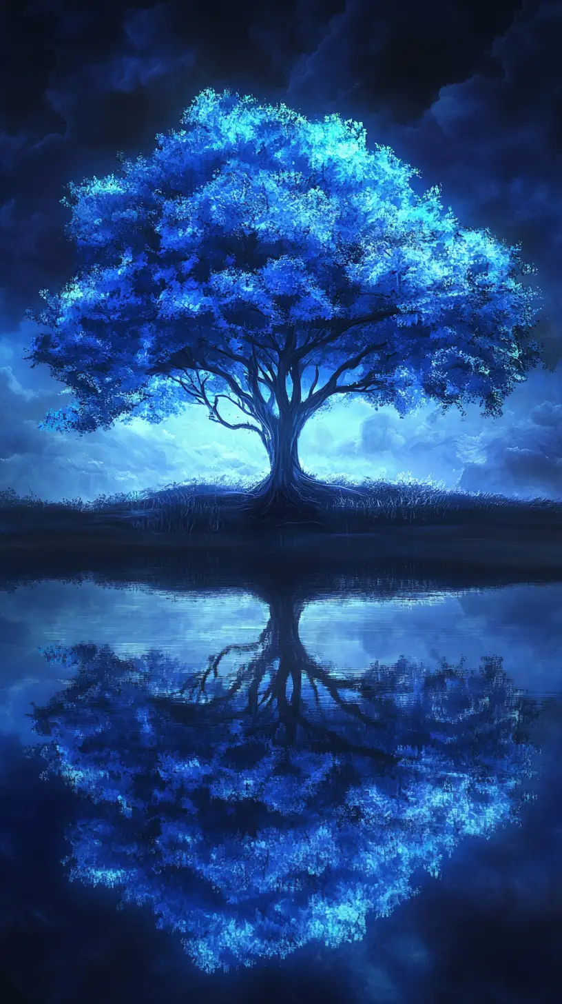 Glowing Blue Tree Reflected In Still Night Water