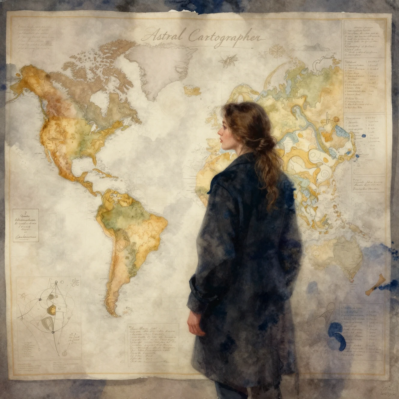 Aquarellfrau studiert Karten an einer Wand innerer Landschaften