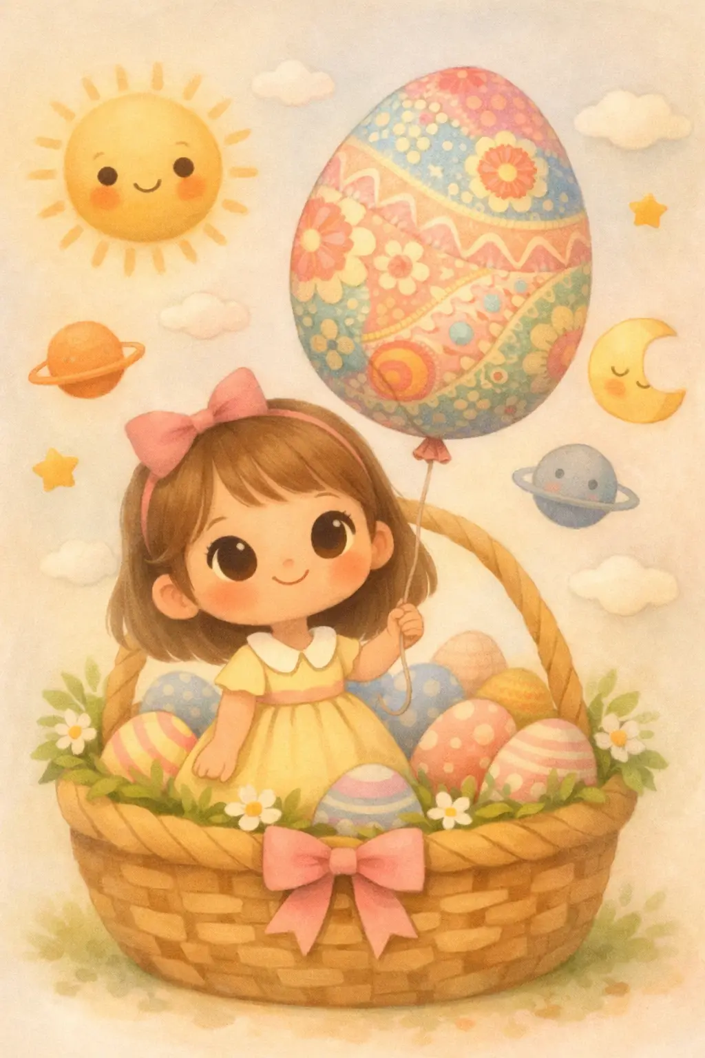 奇幻育嬰房場景中拿著復活節彩蛋氣球的可愛女孩