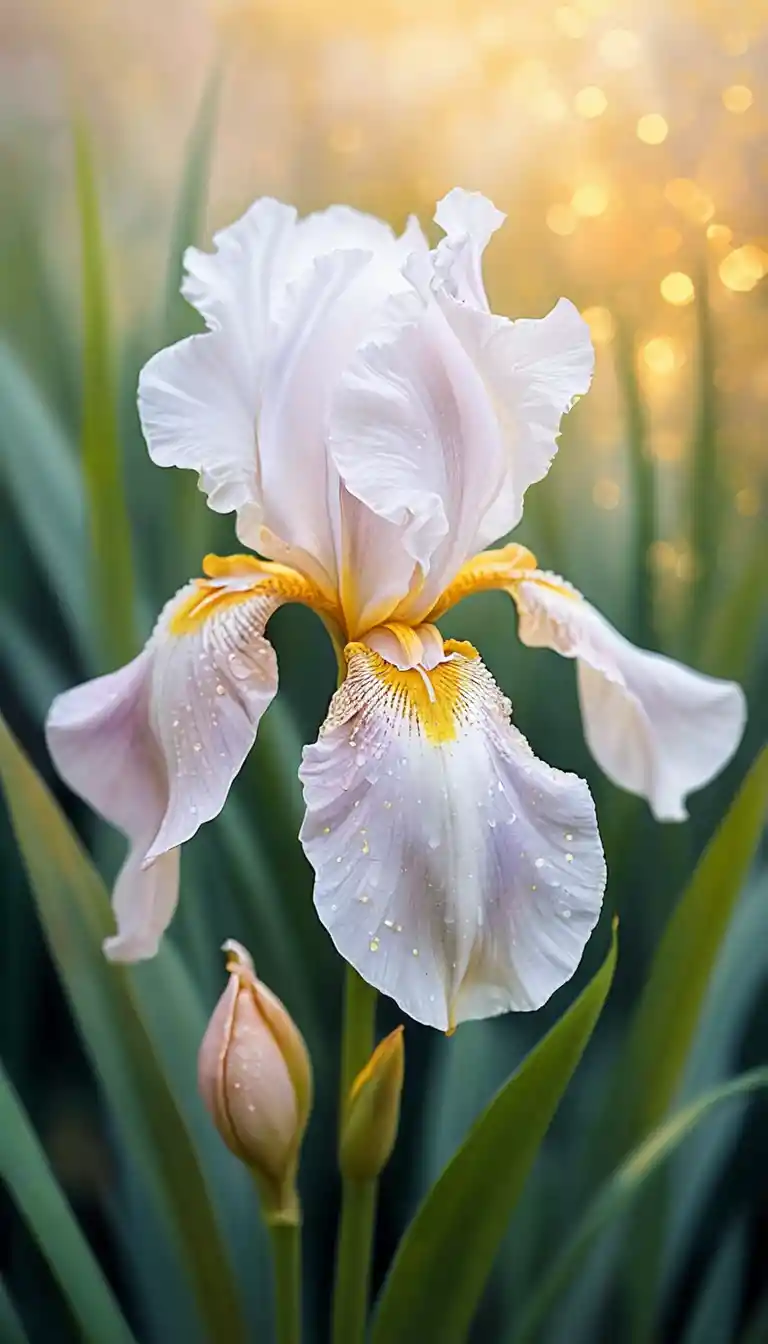 White Iris Watercolor With Gold Leaf In Morning Light