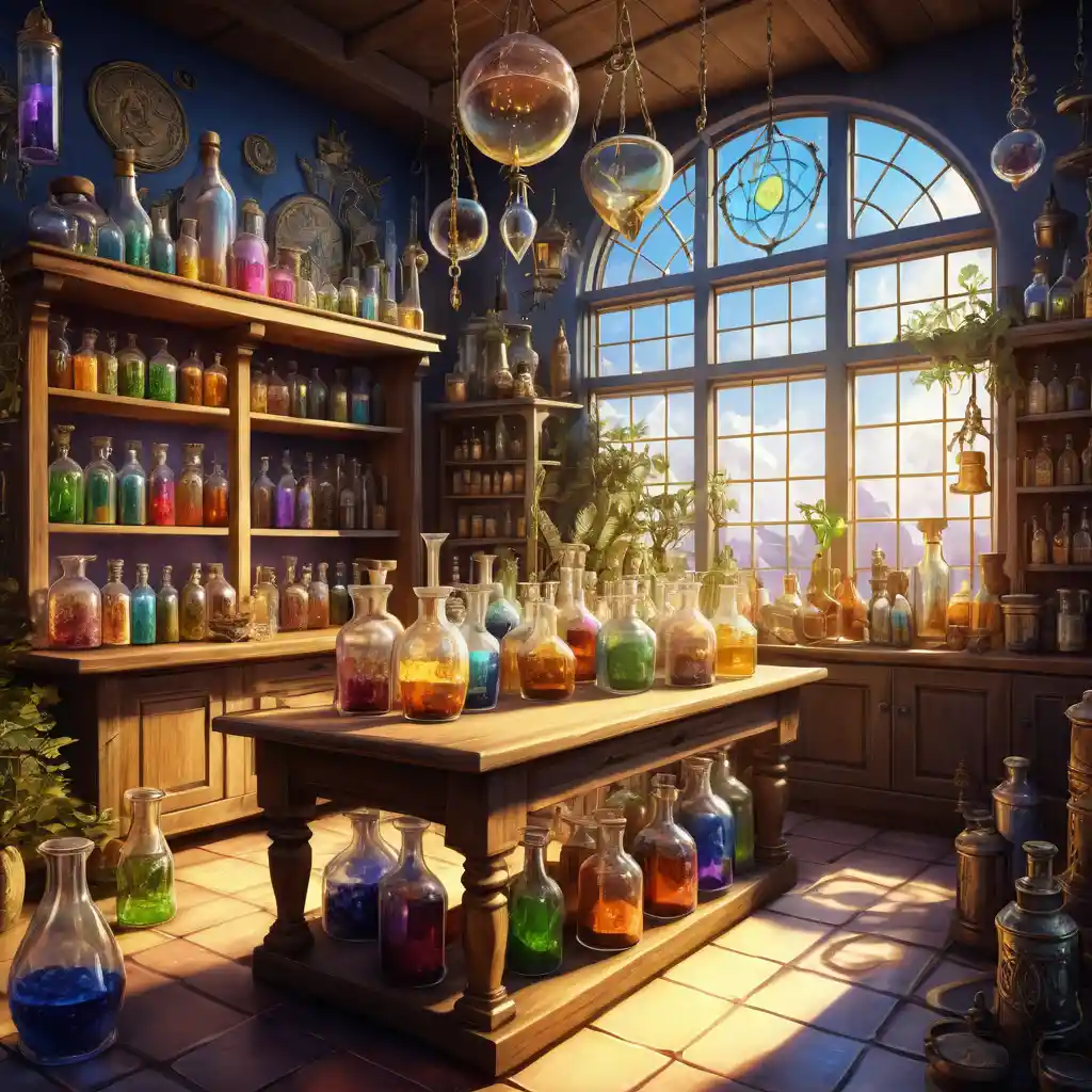 Sunlit apothecary solarium with blonde woman mixing potions
