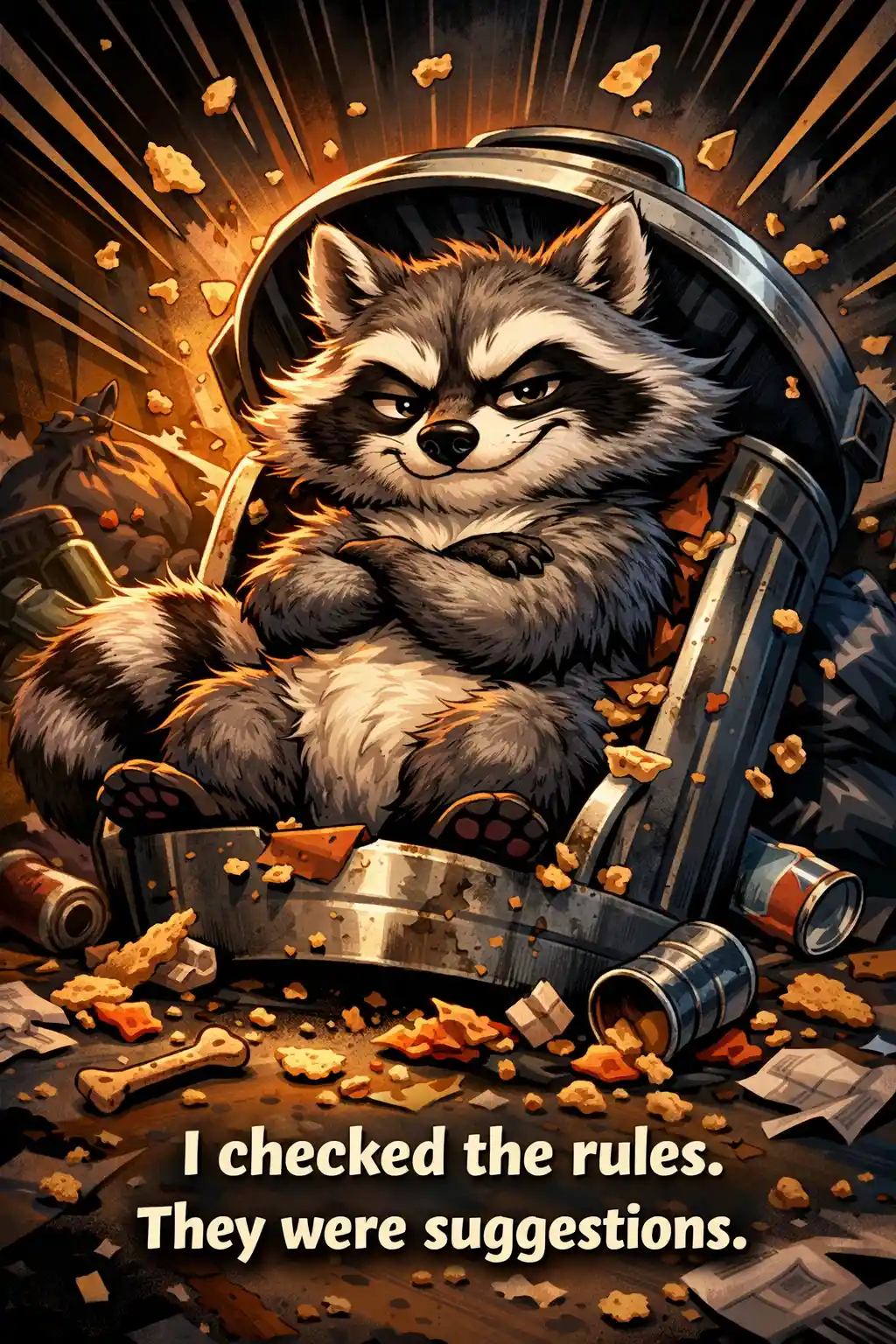 Cartoon raccoon lounging in a trash can throne