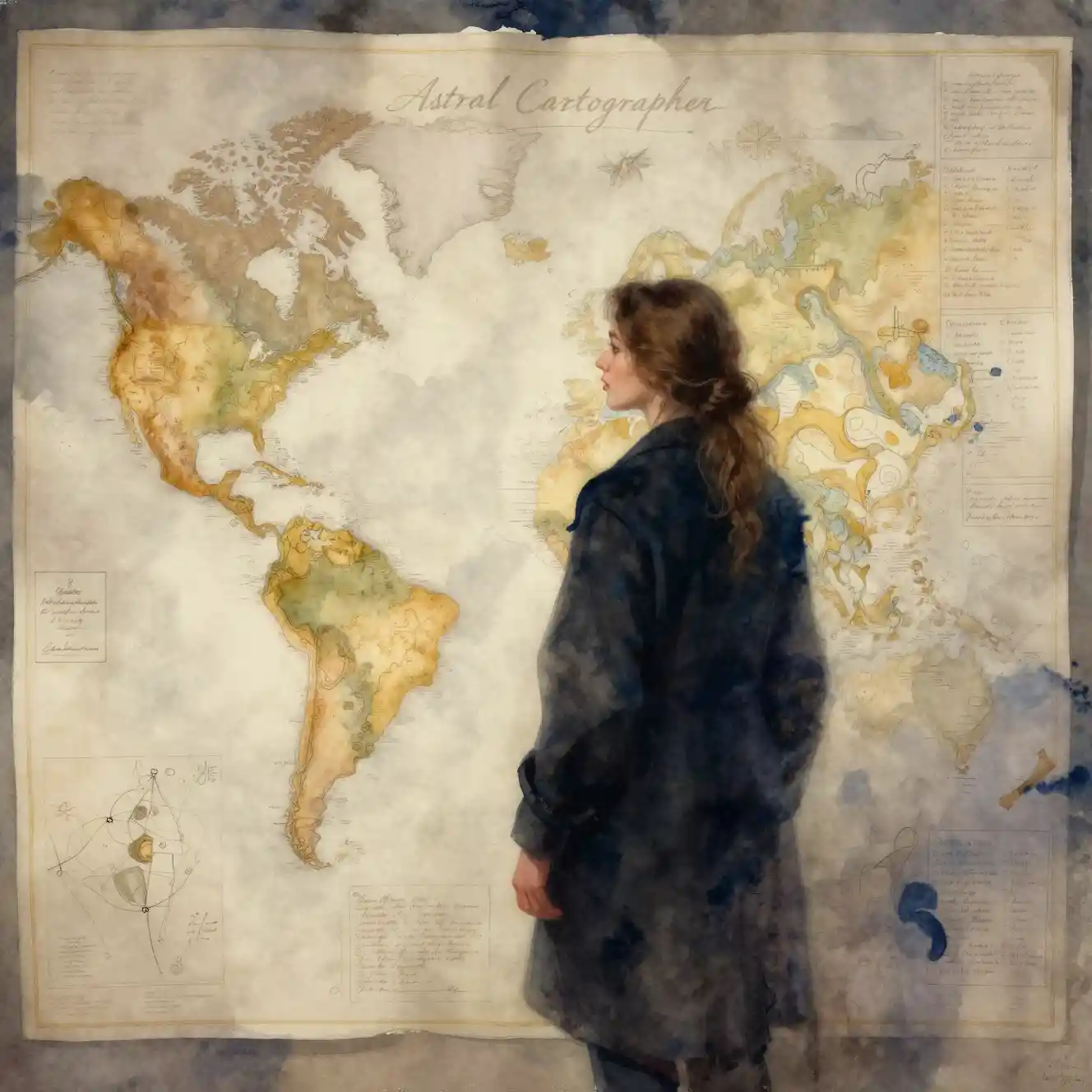 Watercolor woman studying maps on a wall of inner landscapes