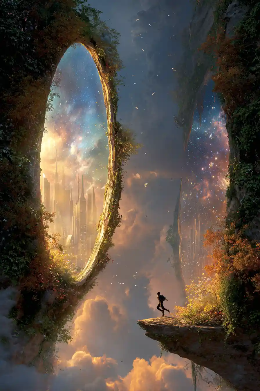 Man leaping between sky portals to city and cosmos