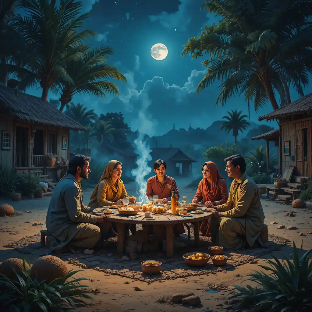 Family dinner under a peaceful village night sky