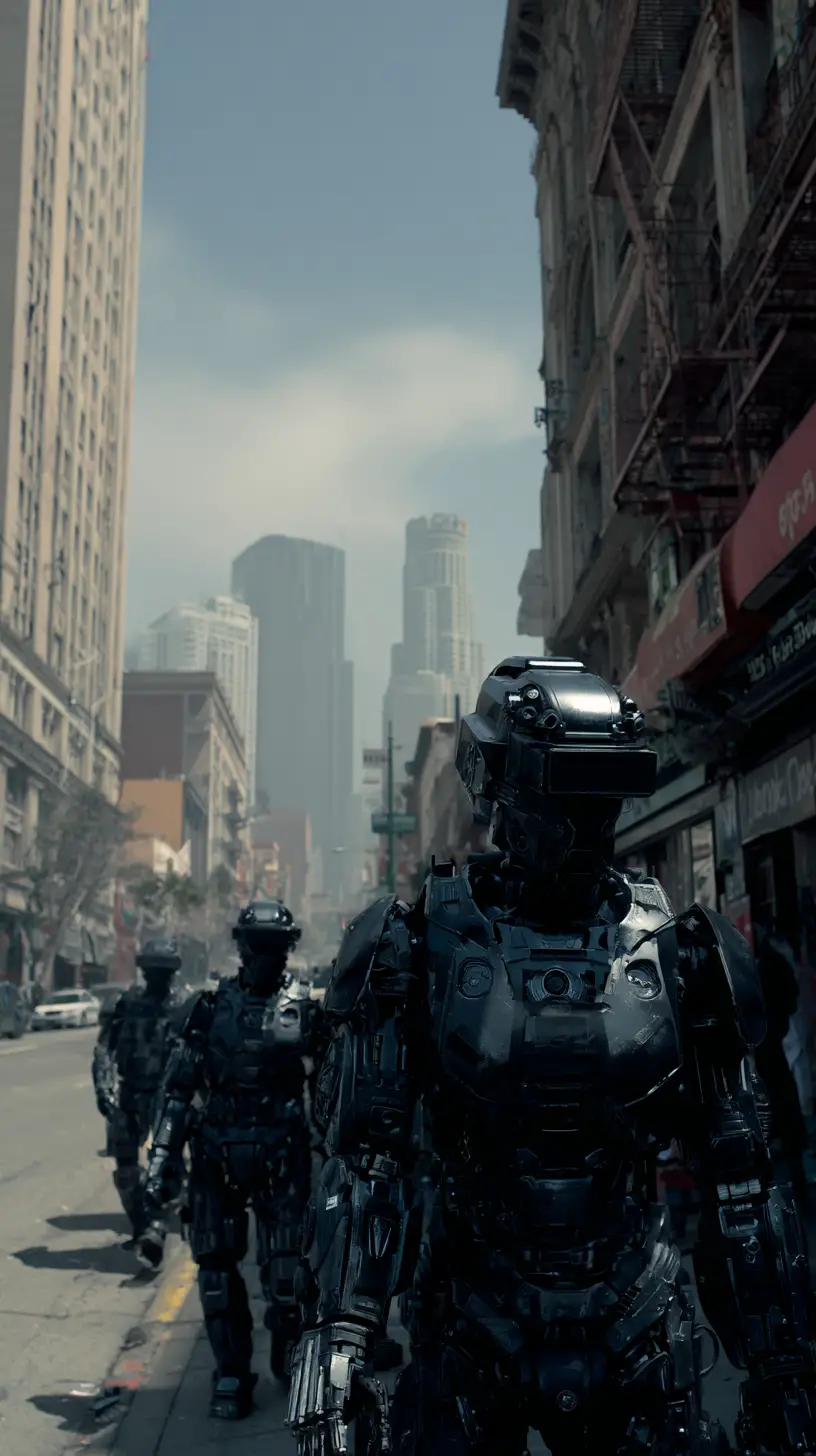 Kinematischer Blick auf Roboterpolizei in einer dystopischen Straße von Los Angeles