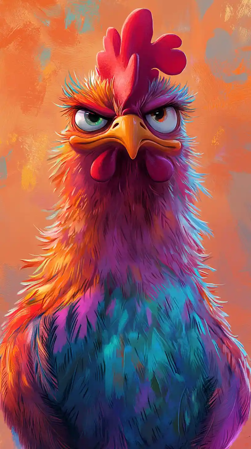 Sarcastic fluffy chicken portrait with expressive cartoon face