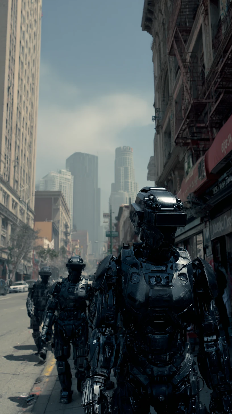 Visão cinematográfica de polícia robótica em rua distópica de Los Angeles