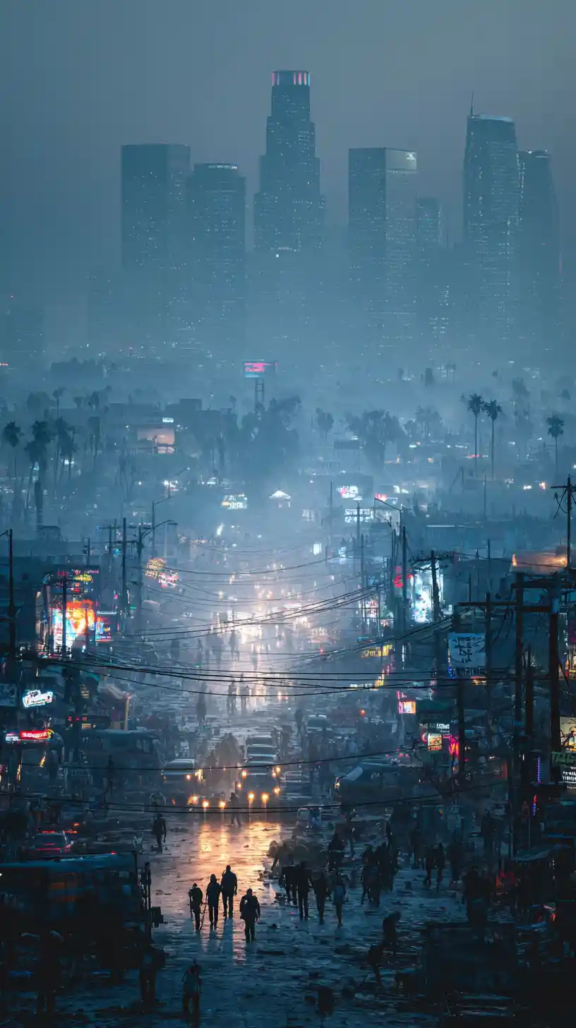 Robot officers patrol a dystopian Los Angeles in 2079