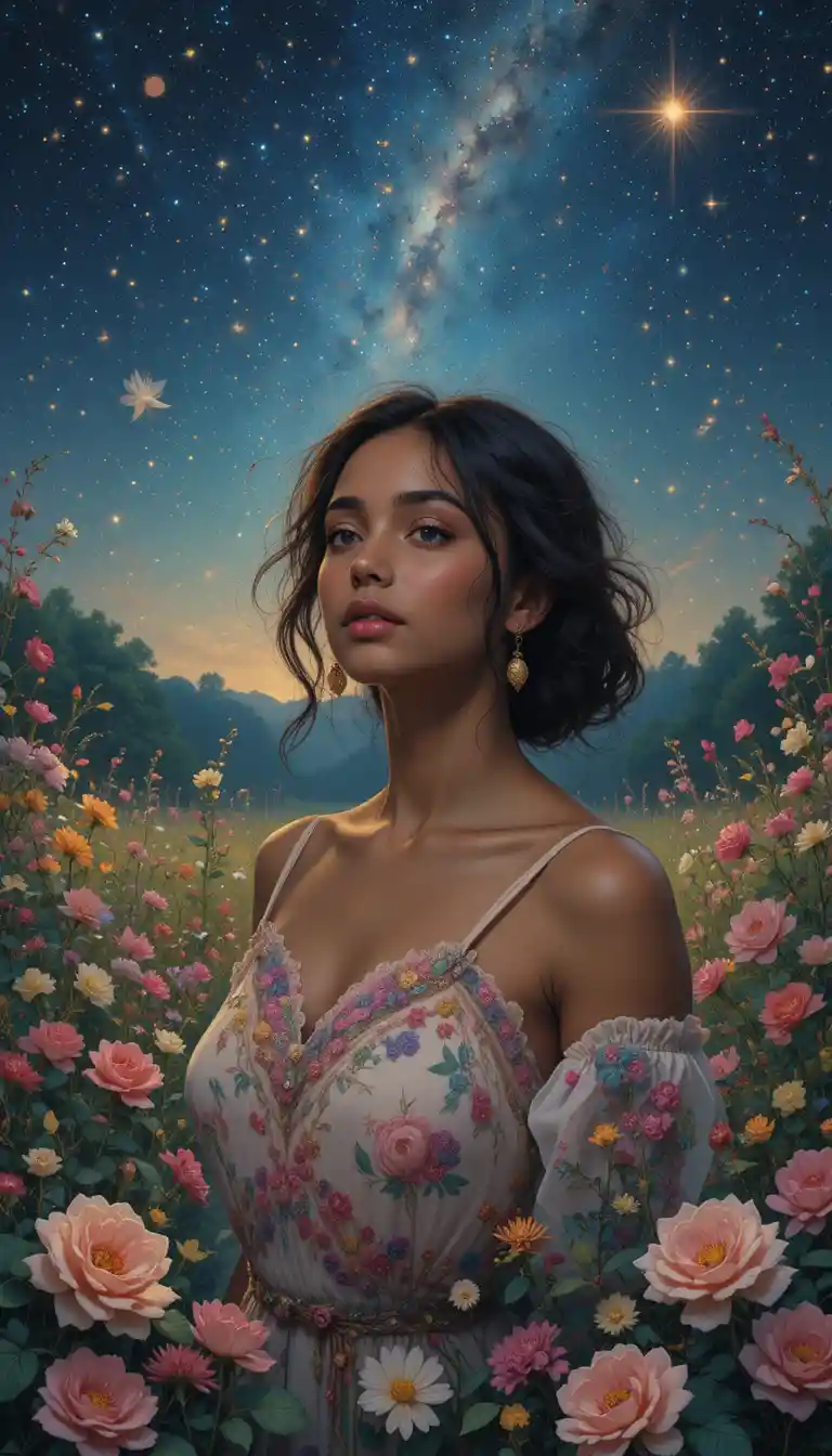 Multicultural woman in a wildflower field under stars