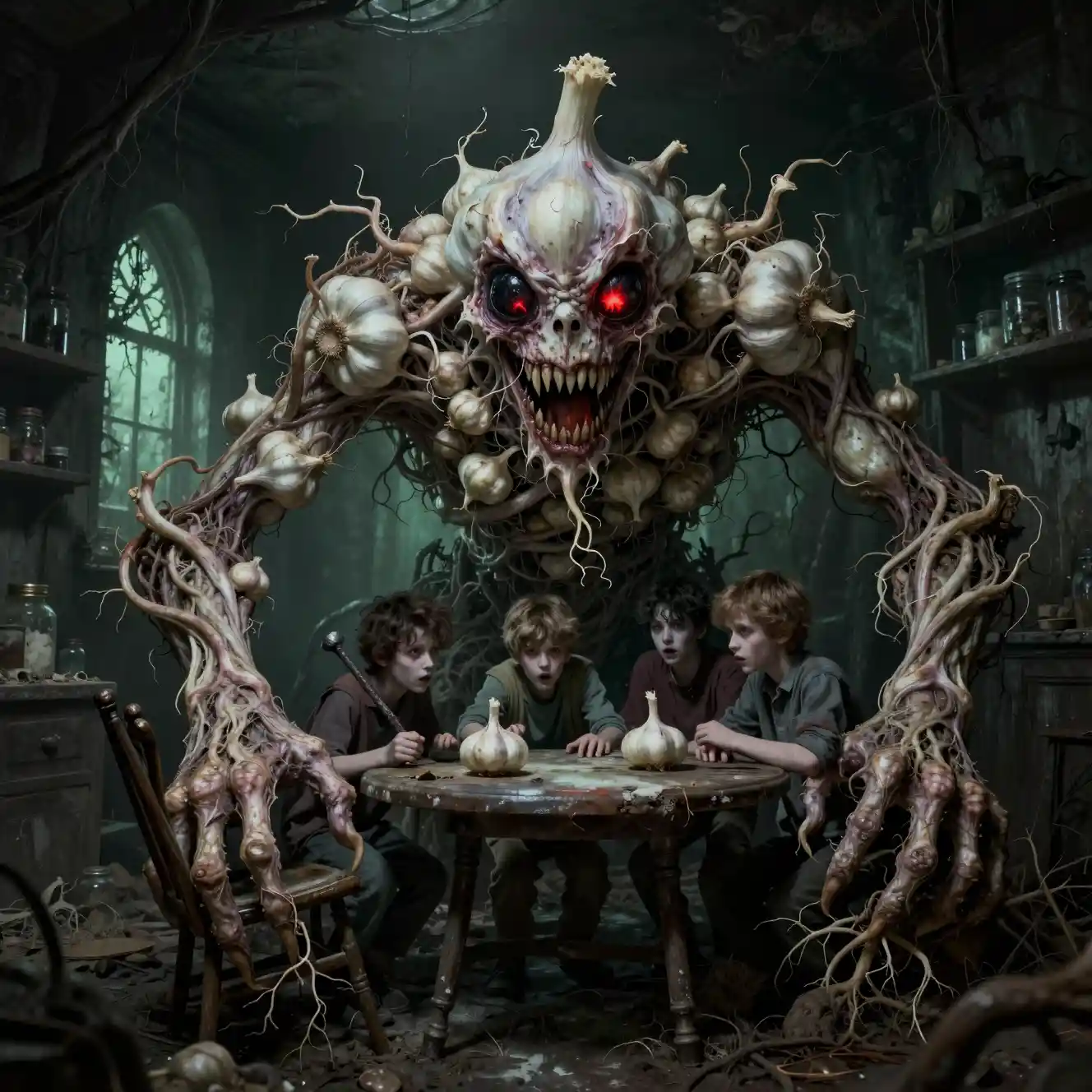 Garlic monster cornering frightened boys in dark basement