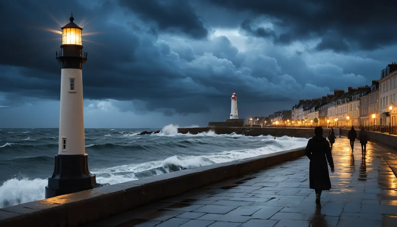 Lighthouse and city waterfront at dusk with crashing waves