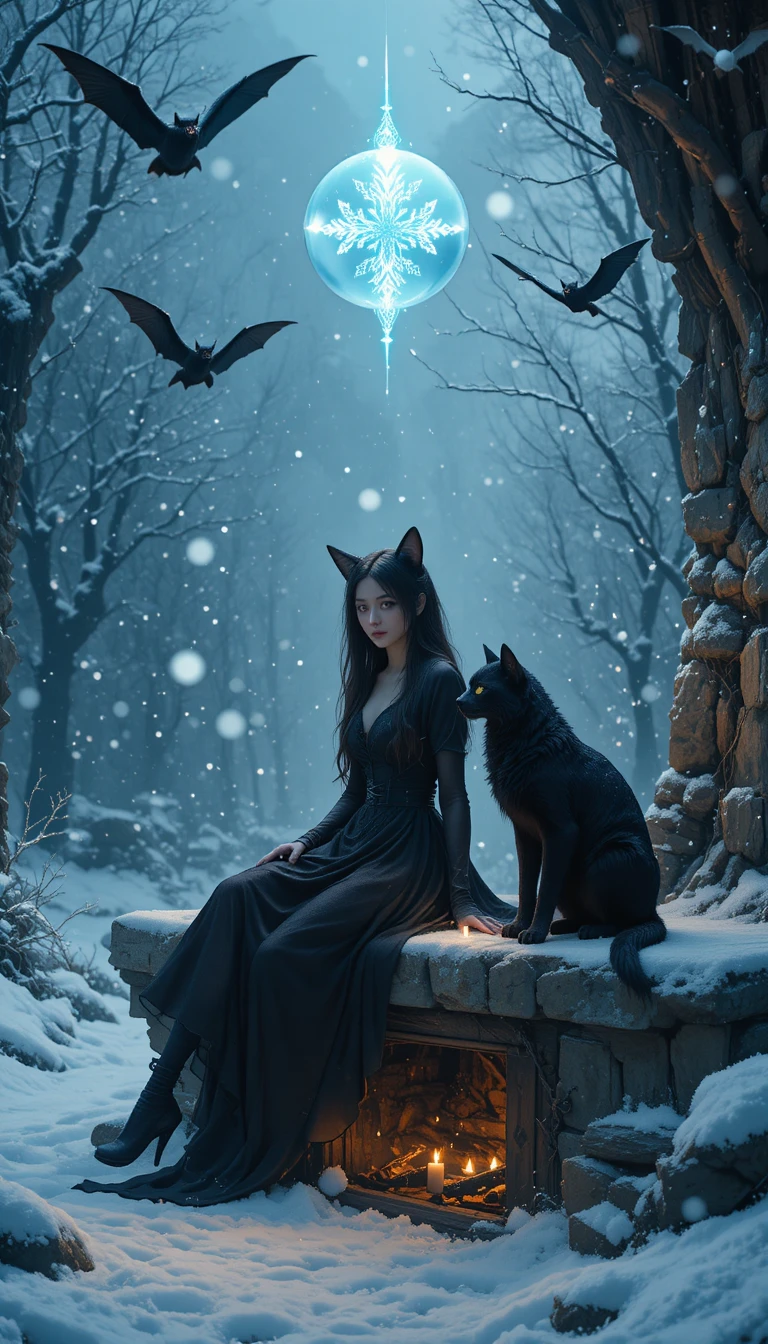 Katzenmädchen und Wolf an einem winterlichen Steinofen