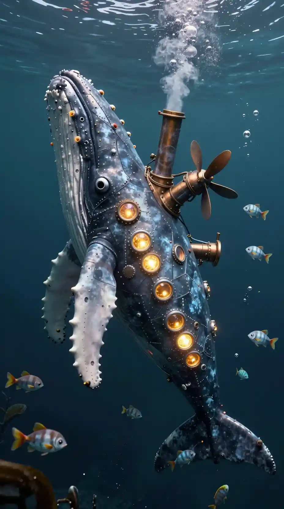 Fantasy whale shaped submarine gliding through a deep trench