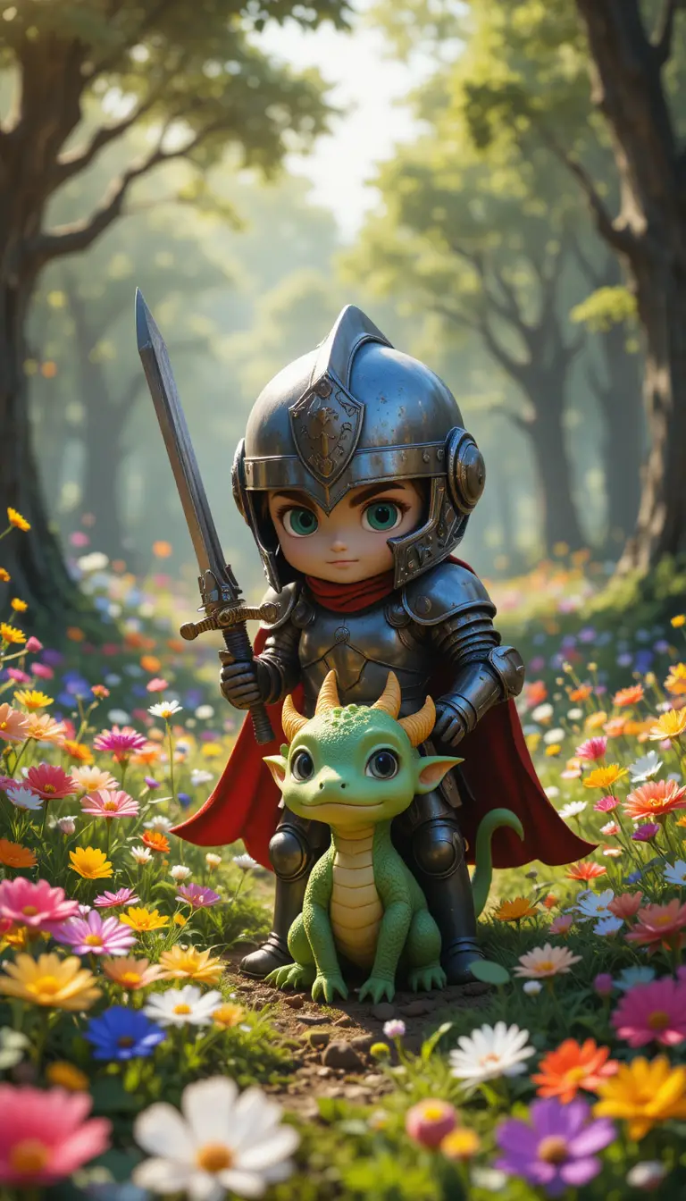 Chibi-Ritter, der einen winzigen grünen Drachen im Sonnenlicht beschützt