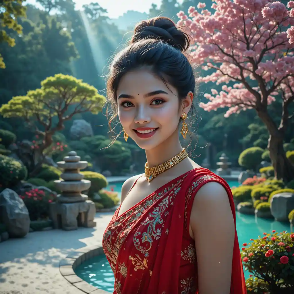 Indian girl portrait in red saree with studio lighting