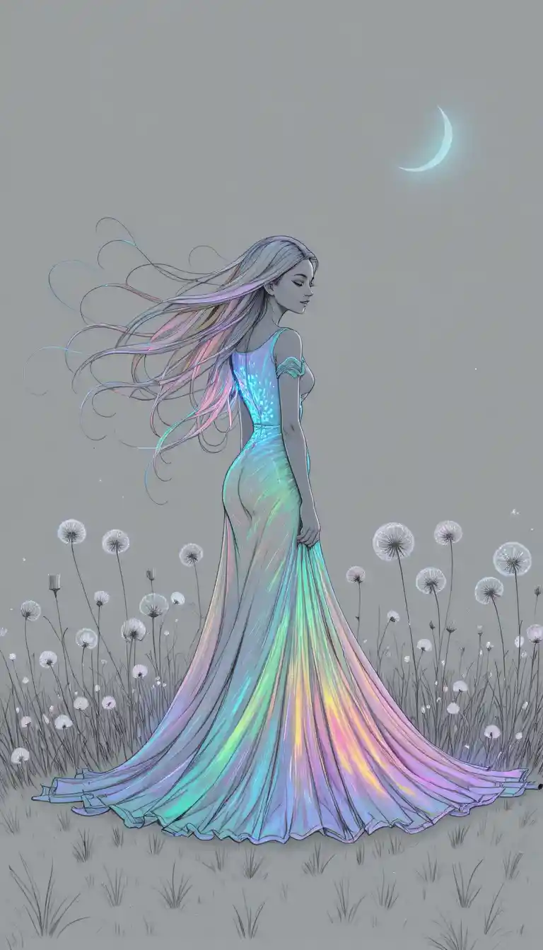 Girl in glowing dress walking through dandelion field