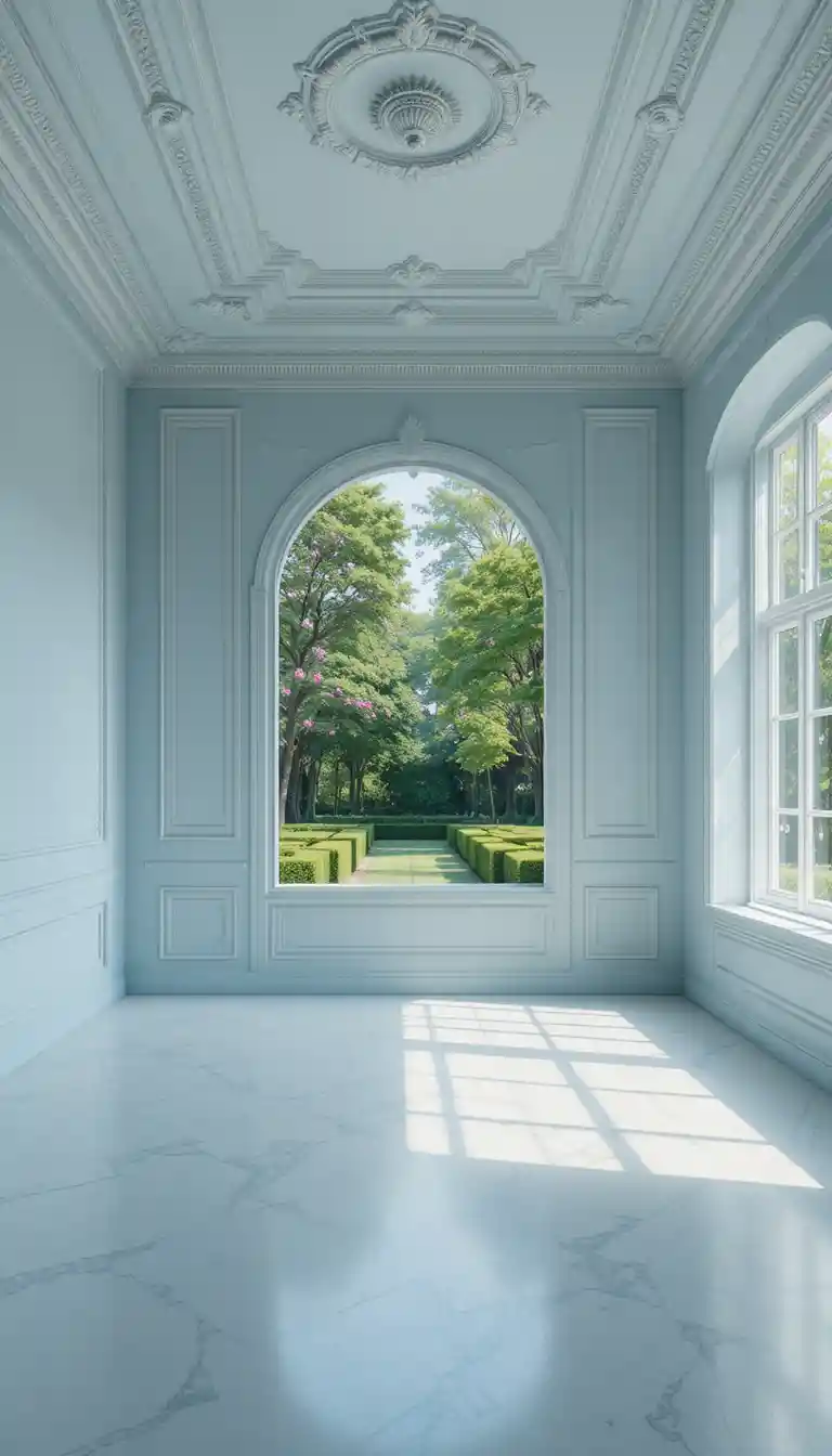 Ampia camera da letto vuota con pareti azzurro tenue e vista sul giardino