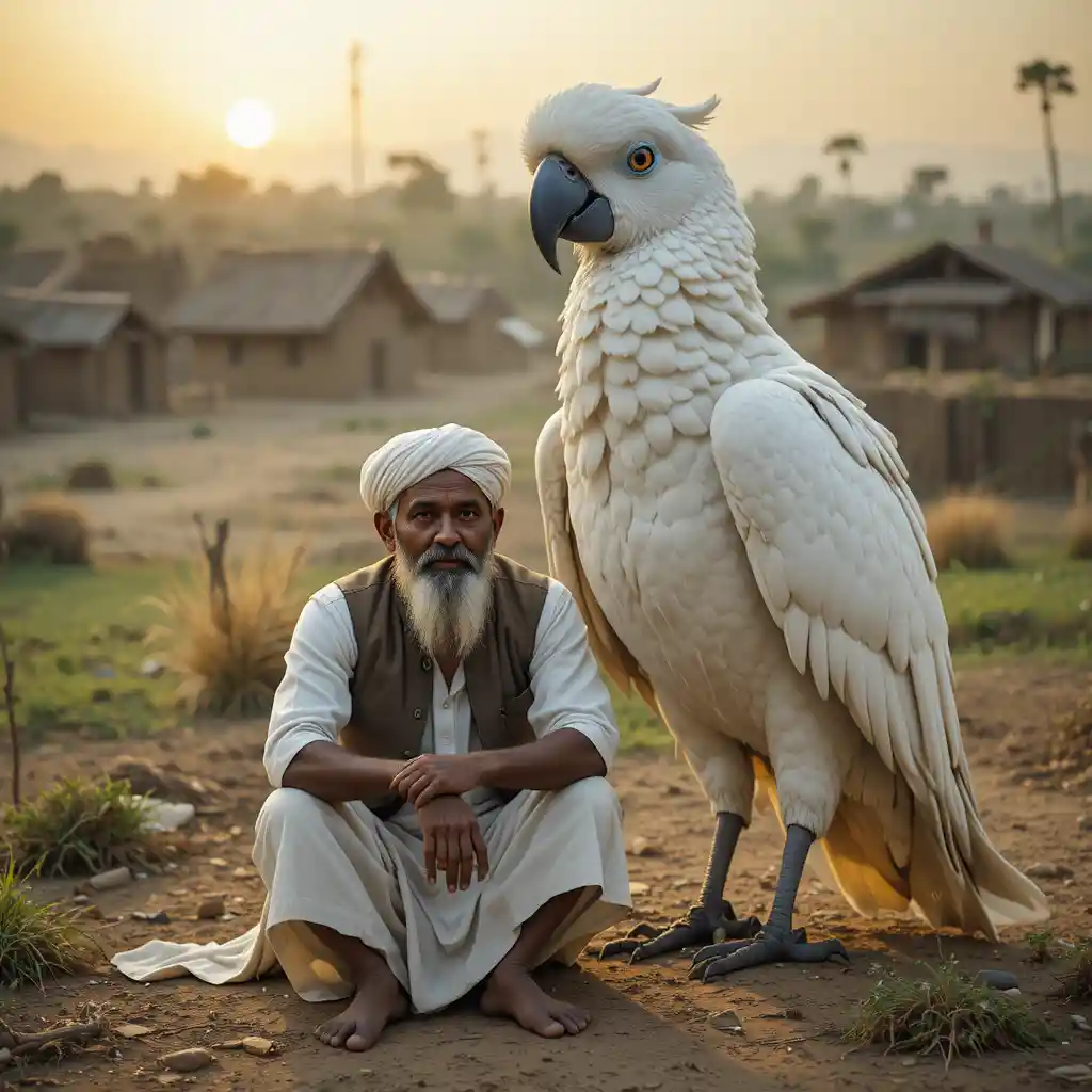 Rural farmer resting beside a gigantic white parrot at sunset