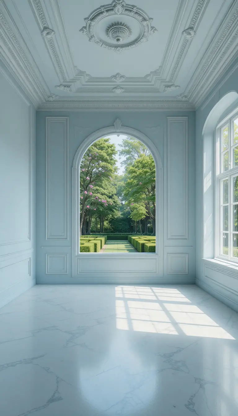 Ampia camera da letto vuota con pareti azzurro tenue e vista sul giardino