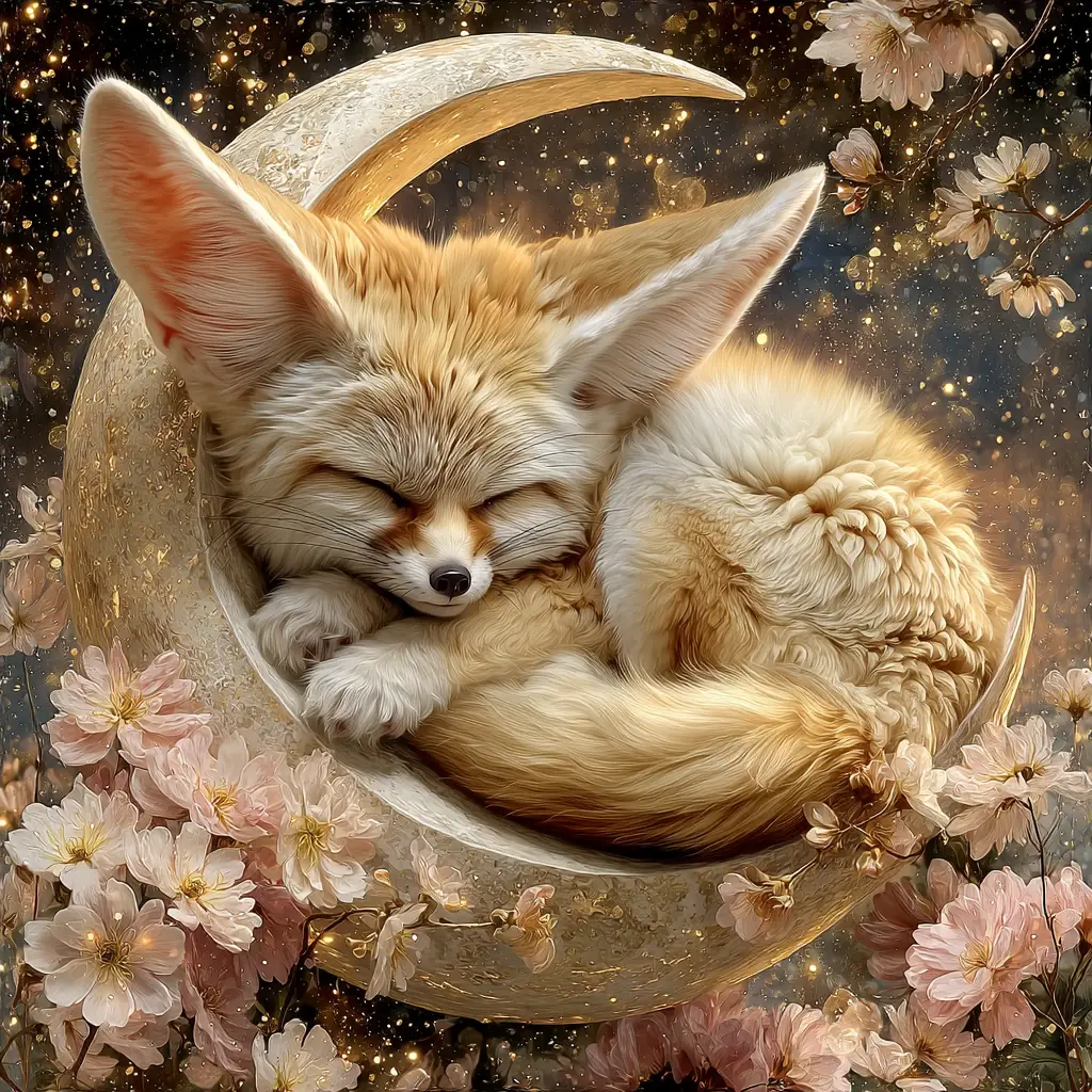 Sleeping fennec fox on glowing crescent moon in clouds