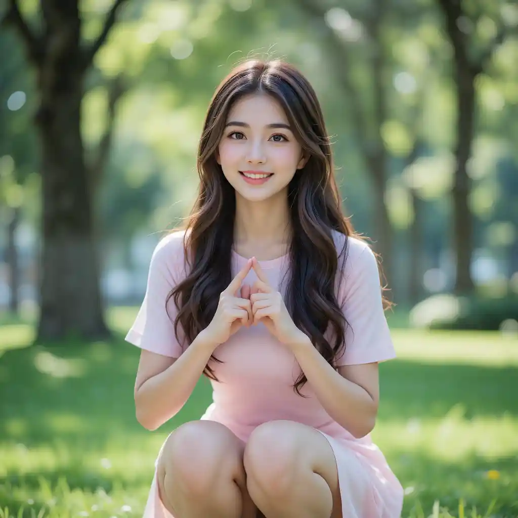 Young woman making heart hands on sunny green park lawn