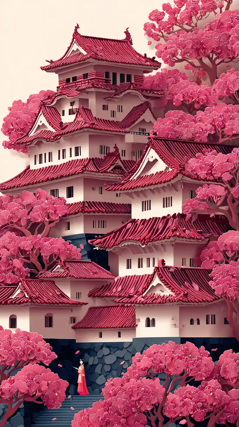 ペーパーアートの日本の城と伝統的な花嫁