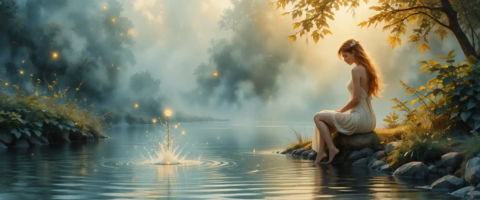 Water nymph by a tranquil pond with glowing fireflies