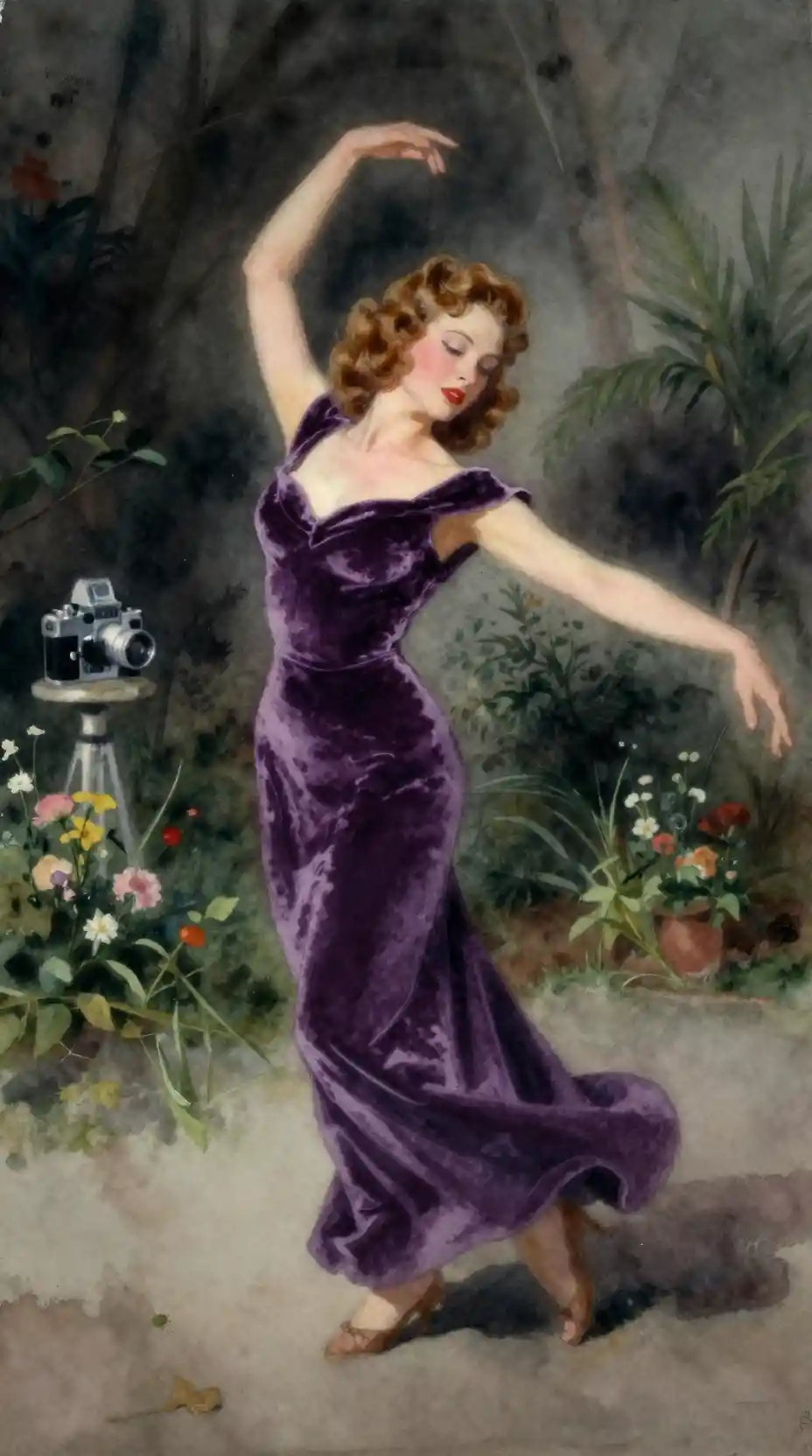 Woman in purple gown dancing in a dark garden