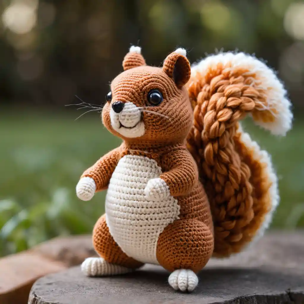 Cute amigurumi crochet squirrel plush standing on hind legs