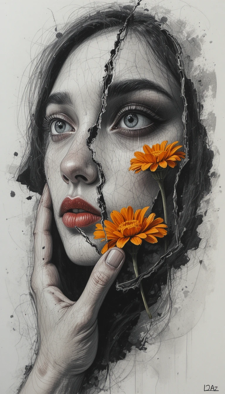 Holzkohlenstudie einer Hand mit Spiegel, Lippen und Blume