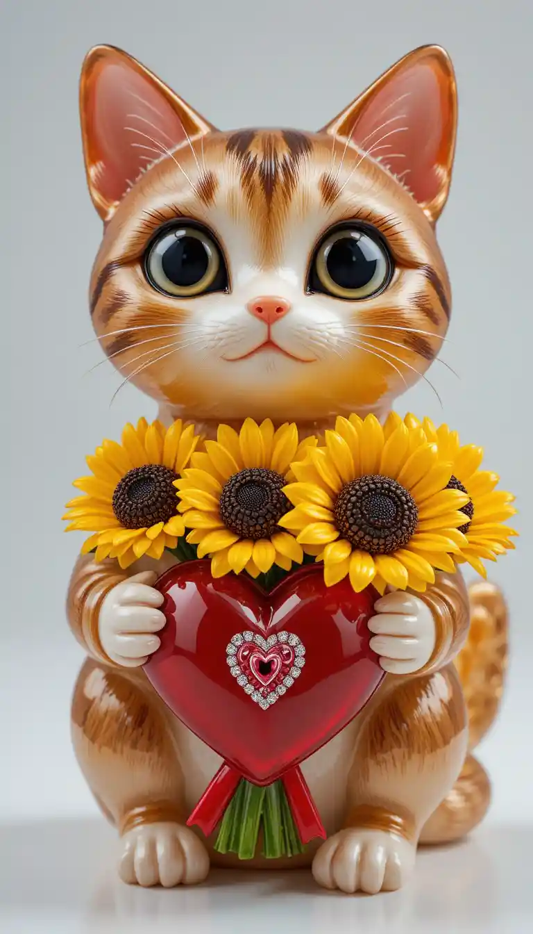 Cute glass cat figurine with sunflowers and red heart