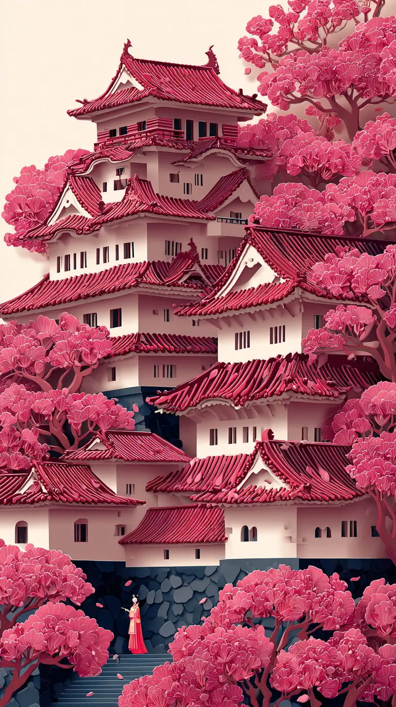 Paper art japanese castle with traditional bride