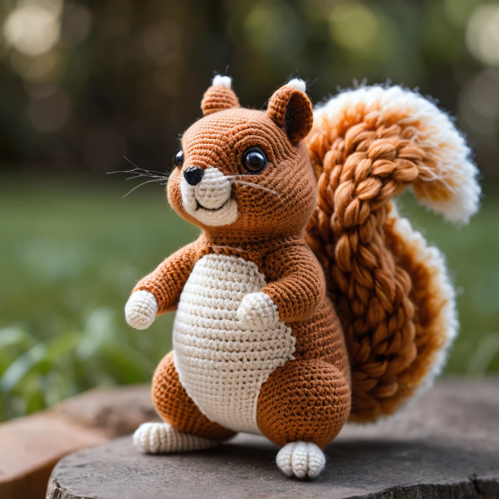 Tierna ardilla de peluche amigurumi de ganchillo de pie sobre las patas traseras